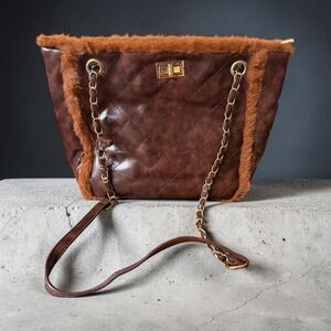 Brown Quilted Faux Leather Faux Fur Tote Shoulder Bag Chain Strap Gold Turn Lock